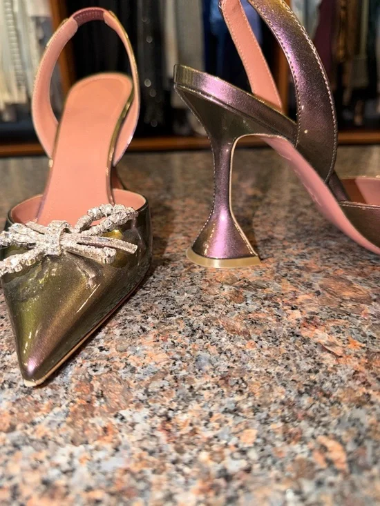Amina Muaddi Iridescent Pink-Green Slingback Pumps with Crystal Bow - Picture 3 of 8